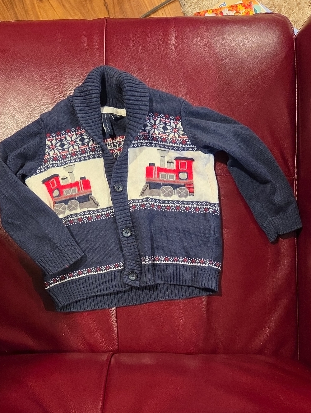 Janie and Jack Navy Cardigan with Red Train Motifs
